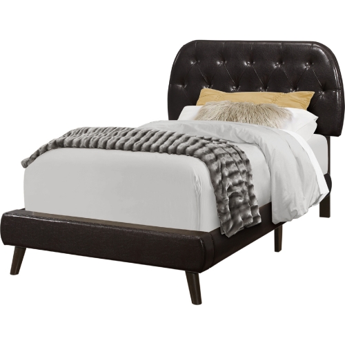 Twin Bed in Tufted Brown Leather-Look on Wood Legs